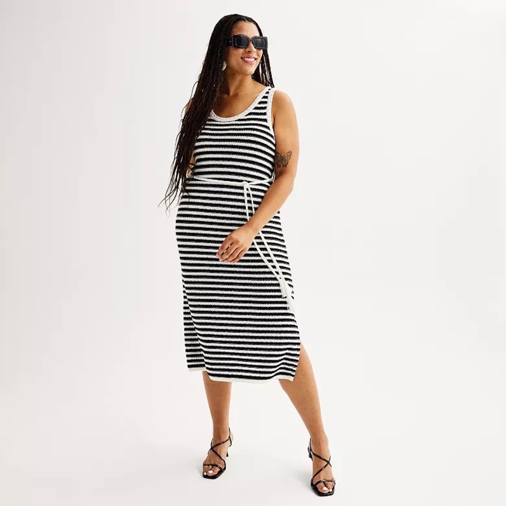 NWT Nine West Crochet Tie Waist Sleeveless Maxi Dress Black & White Plus Size 3X - Picture 4 of 4